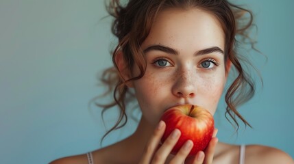 Young woman eating an apple. Healthy food concept. Ai generated image