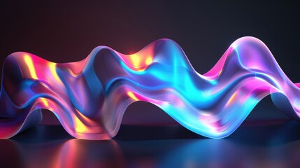 holographic iridescent neon curved wave in motion dark background. Gradient design element for...