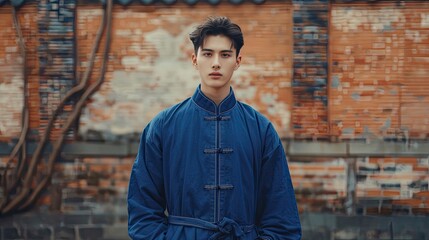 The overall composition is symmetrical, with a simple solid colored wall as the background. The theme character stands in the center, facing the camera directly, with their body upright and their hand