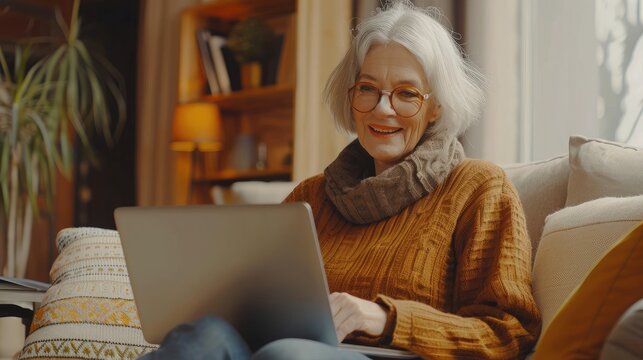 Happy stylish mature old woman remote working from home distance office on laptop taking notes. Smiling 60s middle aged business lady using computer watching webinar sit on couch writing in notebook.