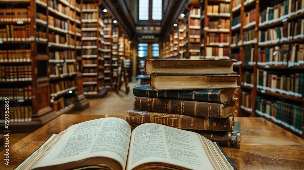 Poster old book in library with open textbook, stack piles of literature text archive on reading desk, and 