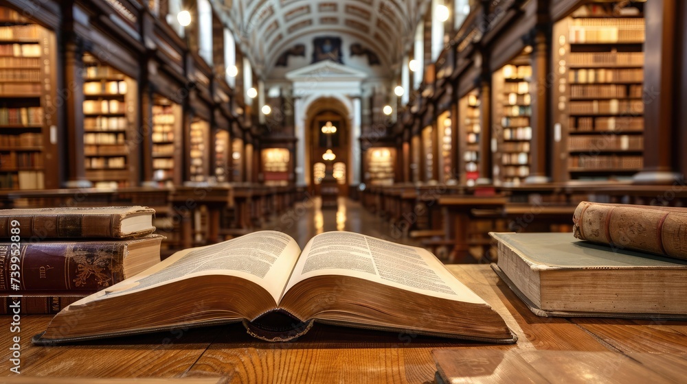 Poster old book in library with open textbook, stack piles of literature text archive on reading desk, and 