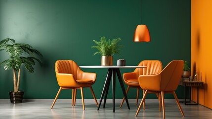 Orange leather chairs at round dining table against green wall, dining room