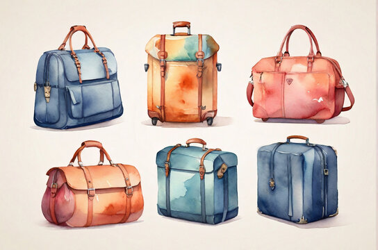 Watercolor vintage travel leather bags set. AI generated