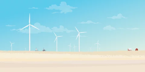 Foto op Canvas Man and woman riding bicycle together in countryside fields with wind turbines and blue sky background flat design vector illustration. Sustainable renewable green energy concept.  © Wasitt