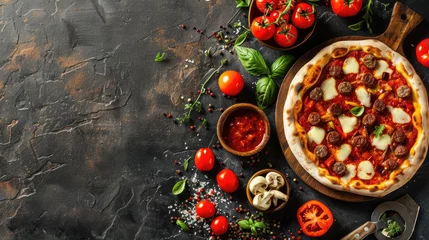 Foto auf Acrylglas pizza sausage, tomato sauce, cheese Menu concept, food background, diet. top view. copy space for tex © buraratn