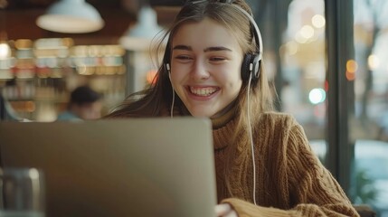 Smiling girl student wear wireless headphone study online with skype teacher, happy young woman learn language listen lecture watch webinar write notes look at laptop sit in cafe, distant education
