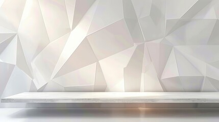 Soft light white abstract stage in elegant futuristic geometric style with simple lines and corners, polygons as background with white wood shelf for advertisement, presentation products, design. - obrazy, fototapety, plakaty