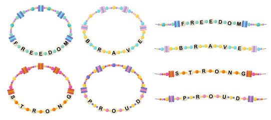 Collection of vector jewelry, children's ornaments. Bracelet of handmade plastic beads. Set of bright colorful braided bracelets with letters from words freedom, brave, strong, proud.