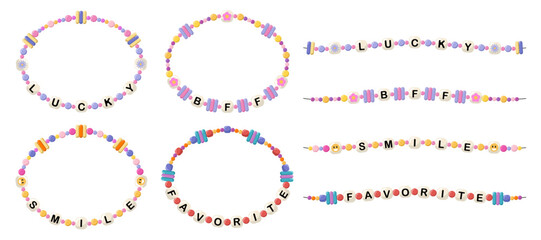 Collection of vector jewelry, children's ornaments. Bracelet of handmade plastic beads. Set of bright colorful braided bracelets with letters from words lucky, bff, smile, favorite