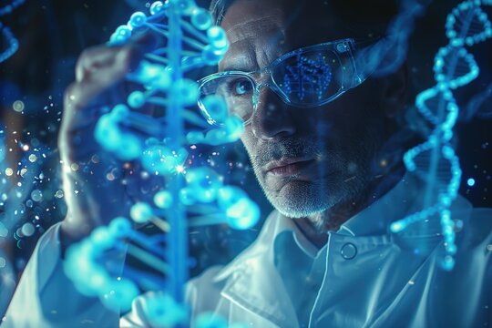 Doctor's hands holding DNA strings. Concept. Science. Gene editing. Genetics. DNA editing. Beautiful blue. Futuristic. Hi-tech. Future.