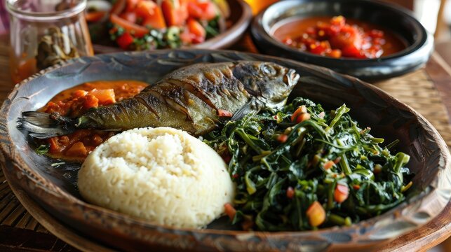 Traditional East African food - ugali, fish and greens