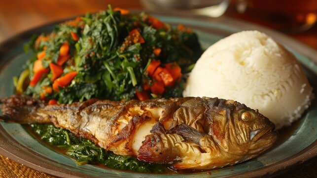 Traditional East African food - ugali, fish and greens