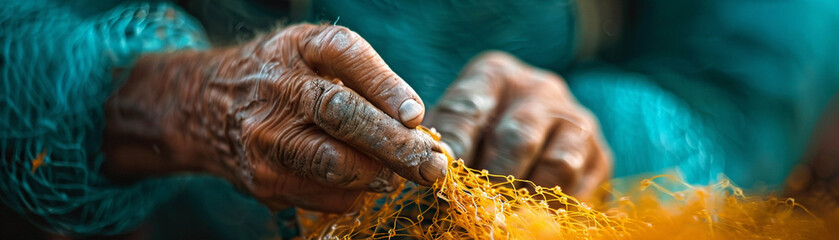 Close up of a fishermans net being mended the art of preparation
