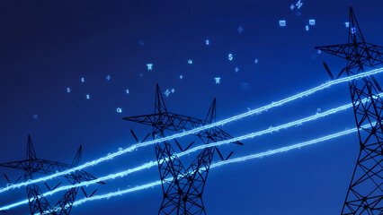 High voltage electric transmission tower with glowing lightning line, electrical power transmit through wire to city and house, electricity price bill rise due to energy crisis concept 3d rendering - 739953887