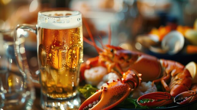 A glass of beer in the background is a plate of crab, shrimp, scallops, lobsters in the restaurant