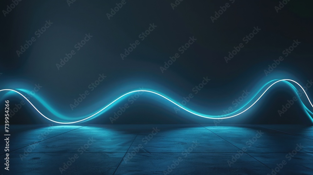 Poster abstract minimal neon background with glowing wavy line. dark wall illuminated with led lamps. blue 