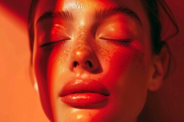 Woman's close up portrait in red morning lights. Beauty concept.