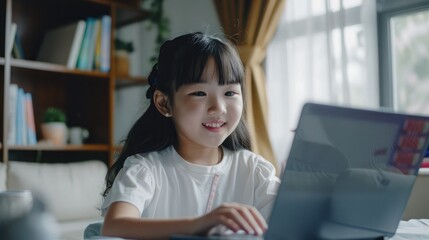 Asian girl student online learning class study online video call zoom teacher, Happy girl learn english language online with laptop at home.
