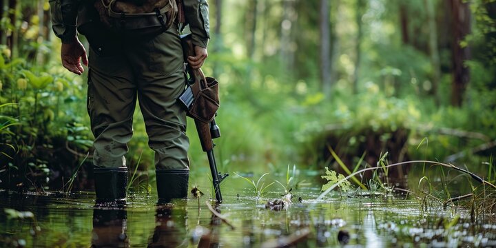 Hunter standing in the swamp in the forest and holding in his hand hunting rifle , concept of Woodland environment