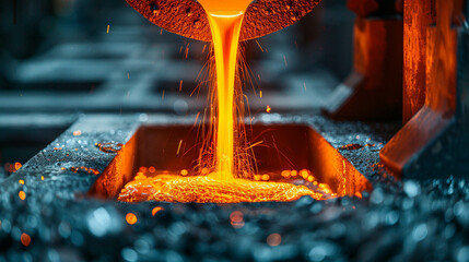 Molten metal pouring in a steel forge power of industry