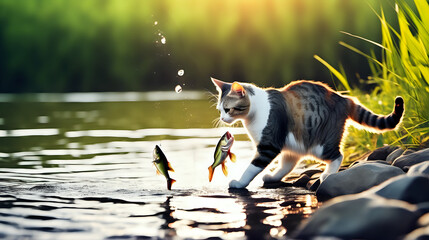 Cat catching fish on the river bank, bright tone - obrazy, fototapety, plakaty