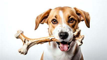 Dog holds a bone in its mouth on a white background.