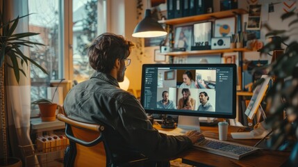 Business man having virtual team meeting on video conference call using computer. Social distance employee working from home office talking to diverse colleagues in remote videoconference online chat