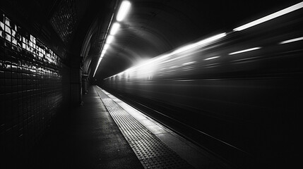 Underground subway tunnel an empty train speeding into the void