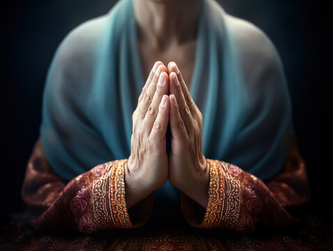 Praying hands with faith in religion and belief in God on dark background. Power of hope or love and devotion. Namaste or Namaskar hands gesture. Prayer position.