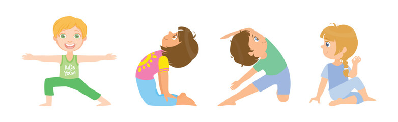 Children Doing Yoga Physical Exercises in Different Asana Vector Set