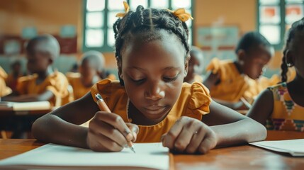 Cute pupil writing at desk in classroom at the elementary school. Student girl doing test in primary school. Children writing notes in classroom. African schoolgirl writing during the lesson. - obrazy, fototapety, plakaty