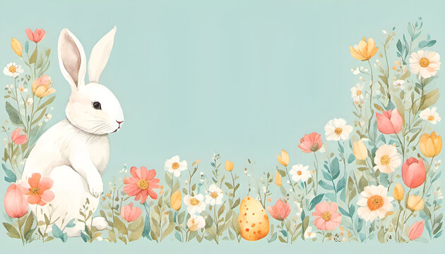 Beautiful easter card with bunny rabbit and flowers with copy space