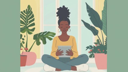 Obraz na płótnie Canvas Meditative Mindfulness Digital Detox - A woman practicing mindfulness meditation, digitally detoxing in a serene indoor setting with houseplants.