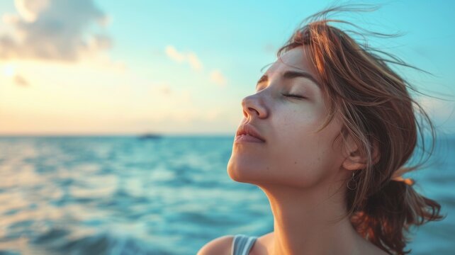 Serene Ocean Meditation - A tranquil image of a woman relaxing by the sea, evoking themes of peace, meditation, and connection with nature
