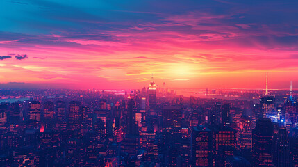 City Skyline Bathed in Sunset Glow