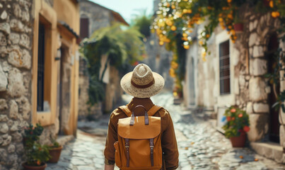 traveler standing wearing hat and backpack rear view in alley of medieval city.