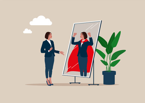 Self confidence. Woman looking at his strong ideal self superhero reflection mirror. Flat vector illustration