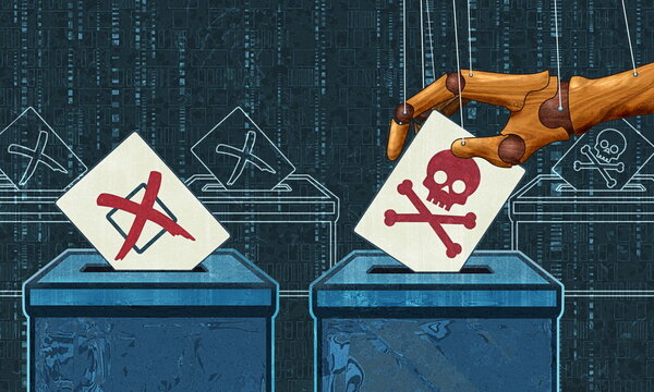 puppet hand vote tamper with democracy process election interference concept grunge illustration