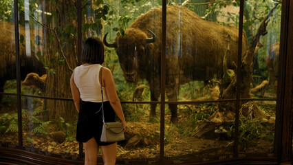 Young beautiful hispanic woman visiting natural history exhibition at Natural History Museum in...