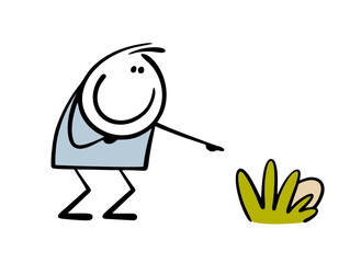 Happy child found painted egg in the grass. Vector illustration of the traditional Easter hunting. Stickman points the direction with finger. Isolated cartoon character on white background.