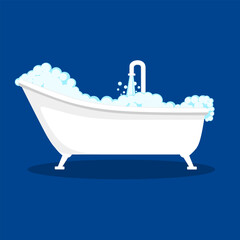 Vector illustration of a bathtub with foam bubbles on a blue background. Concept of time for bathing and swimming.