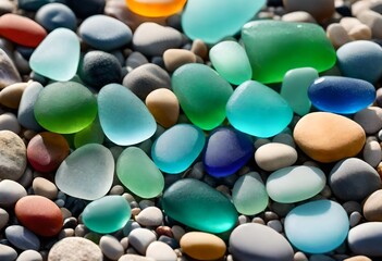 Fototapeta na wymiar Colorful gemstones on a beach. Polish textured sea glass and stones on the seashore. Green, blue shiny glass with multi-colored sea pebbles close-up. Beach summer background