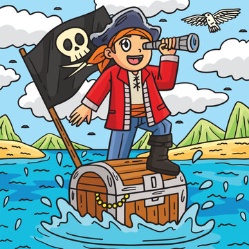 Pirate and Chest Floating Over Sea Colored Cartoon