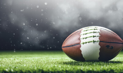 American football ball on green grass against black background.