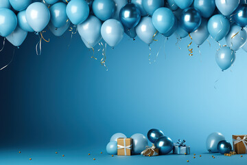 blue party background with less balloons and empty copy space