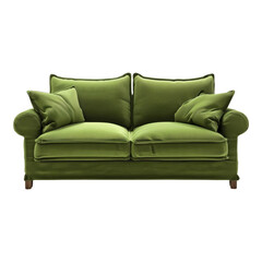 Fototapeta premium Comfortable and plush green velvet sofa with pillows, suitable for cozy living spaces.