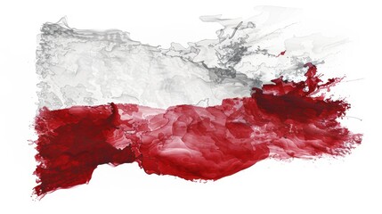 Red and white liquid splash art background. Dynamic fluid motion texture flag for creative design. Digital art representation of the Polish flag with fluid dynamic motion on a white background