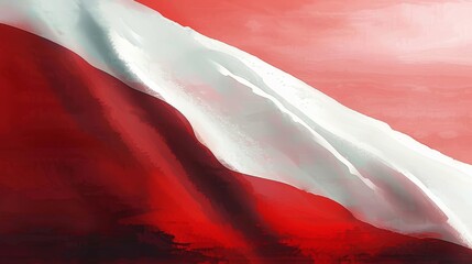 Bold red and white abstract brushstrokes on a canvas texture. Minimalist modern art with a fluid and vibrant contrast. National symbol and patriotism concept.