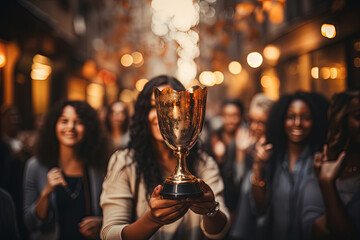 Confident woman proudly holds trophy in front of group of people, celebrating a win or achievement